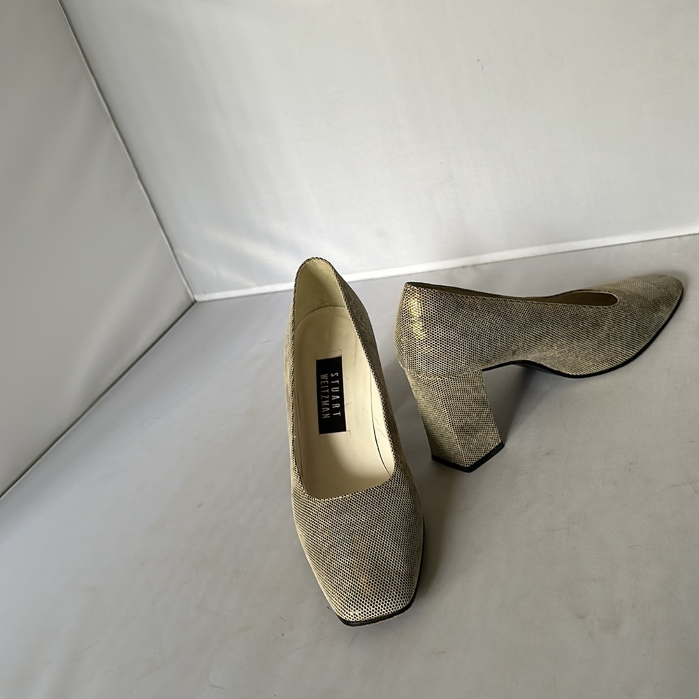 STUART WEITZMAN: Vintage 90s Champagne Faux Snakeskin Chunky Heels Size 9 (EEEE) - Picture 4 of 9